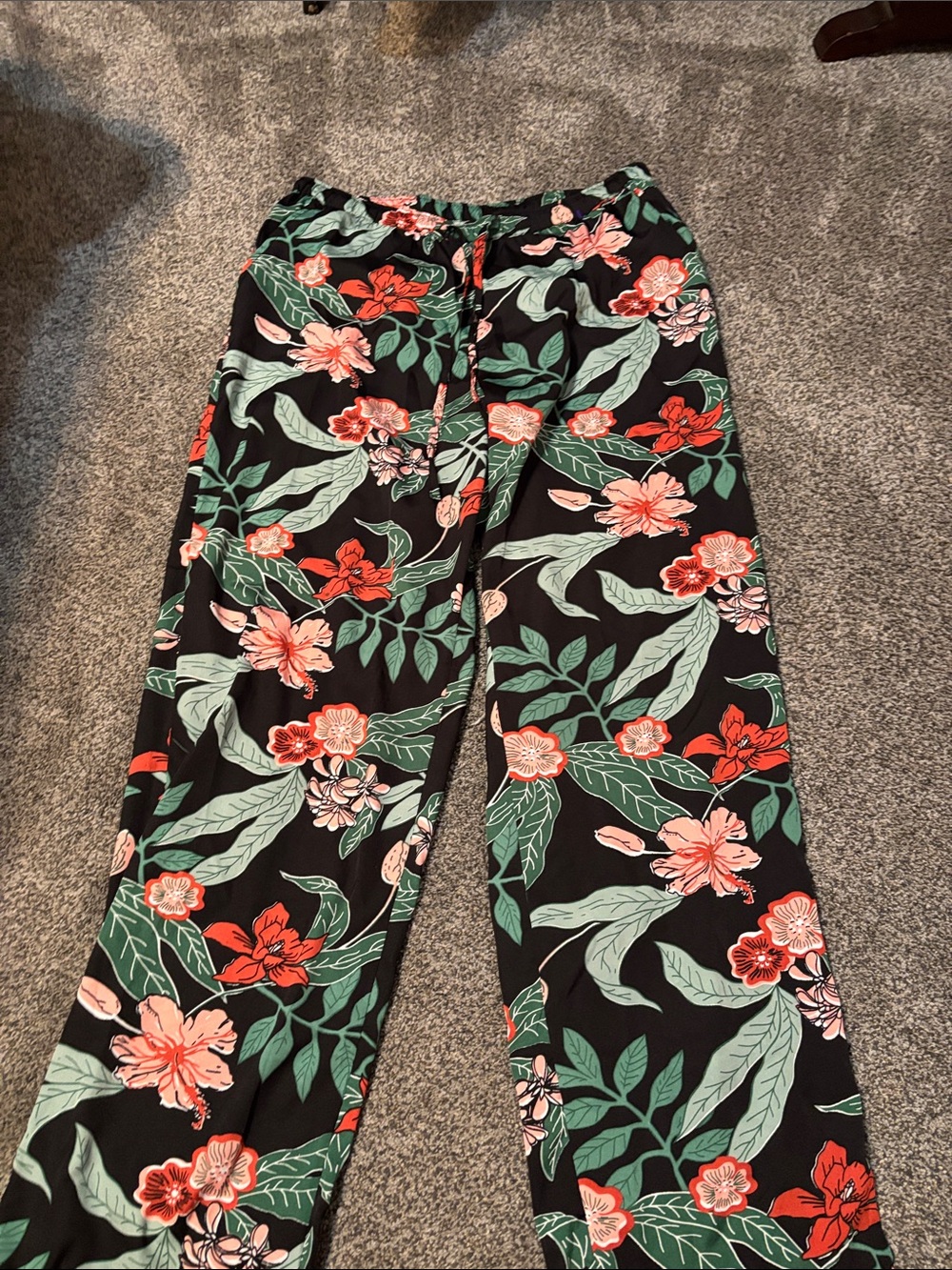 Cynthia Rowley Black Floral Lounge Pants with Green Leaves and Coral Flowers
